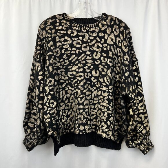 Andthewhy Womens Black Gold Leopard Print Long Sleeve Pullover Sweater Sz Small - Picture 1 of 9